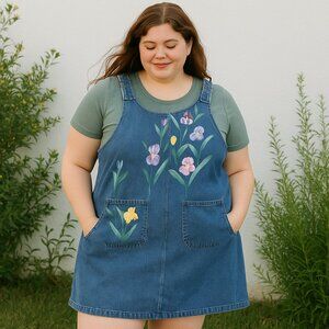HAIK’S Vintage Denim Jumper Dress Floral Hand-Painted Look Plus Size 18W